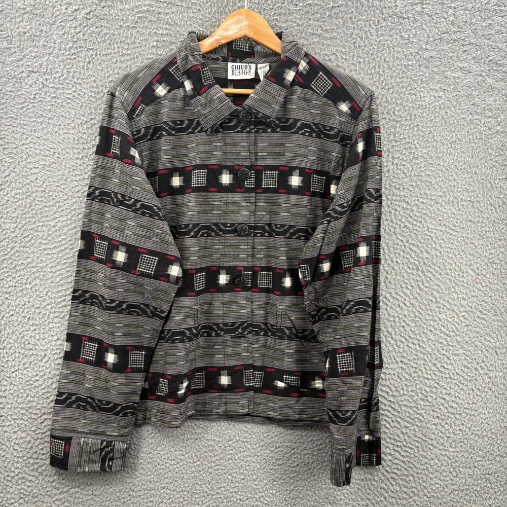 Chico's Design Jacket Womens Large Black Ikat Geometric Aztec Cotton Button Up